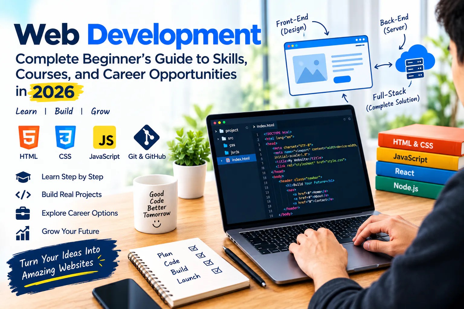 Web Development Beginner’s Guide 2026 featuring HTML, CSS, JavaScript, coding skills, and career opportunities