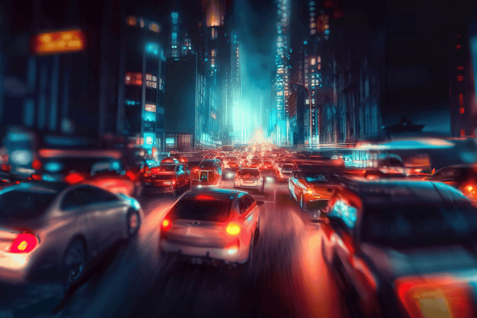 An image of an eye-catching night-time picture of a street with heavy traffic jam in a busy, metropolitan city for the article Mastering SEO for Small and Mid-Sized Businesses published on the Fundamentally Content blog.