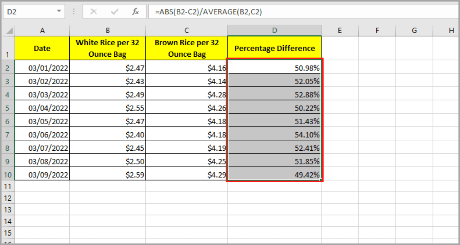 Calculating percentage difference in microsoft excel