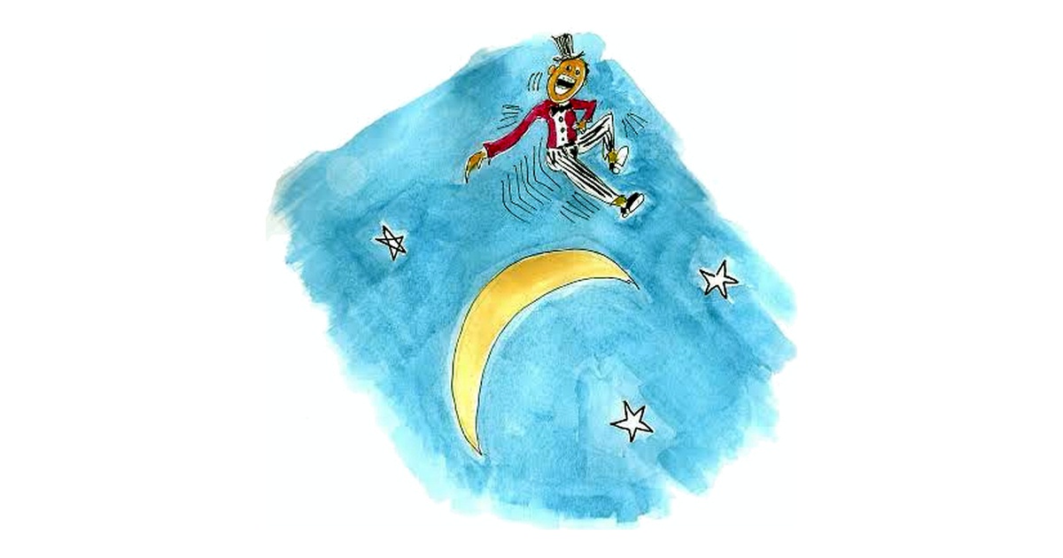 llustration of a person joyfully leaping into the air with arms raised, a crescent moon and stars in the background, representing the idiom 'over the moon' meaning extremely happy.