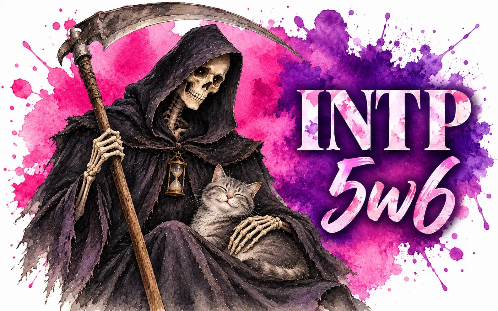 A skeleton in a black coat with a scythe holding a white kitten. Death in Discworld.