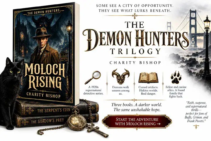 The Demon Hunters Trilogy by Charity Bishop, a 1920s supernatural horror-suspense series about gifted misfits who hunt demons in San Francisco.
