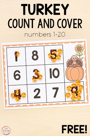 These worksheets are perfect for the preschool classroom or home! Thanksgiving Turkey Count And Cover Mats