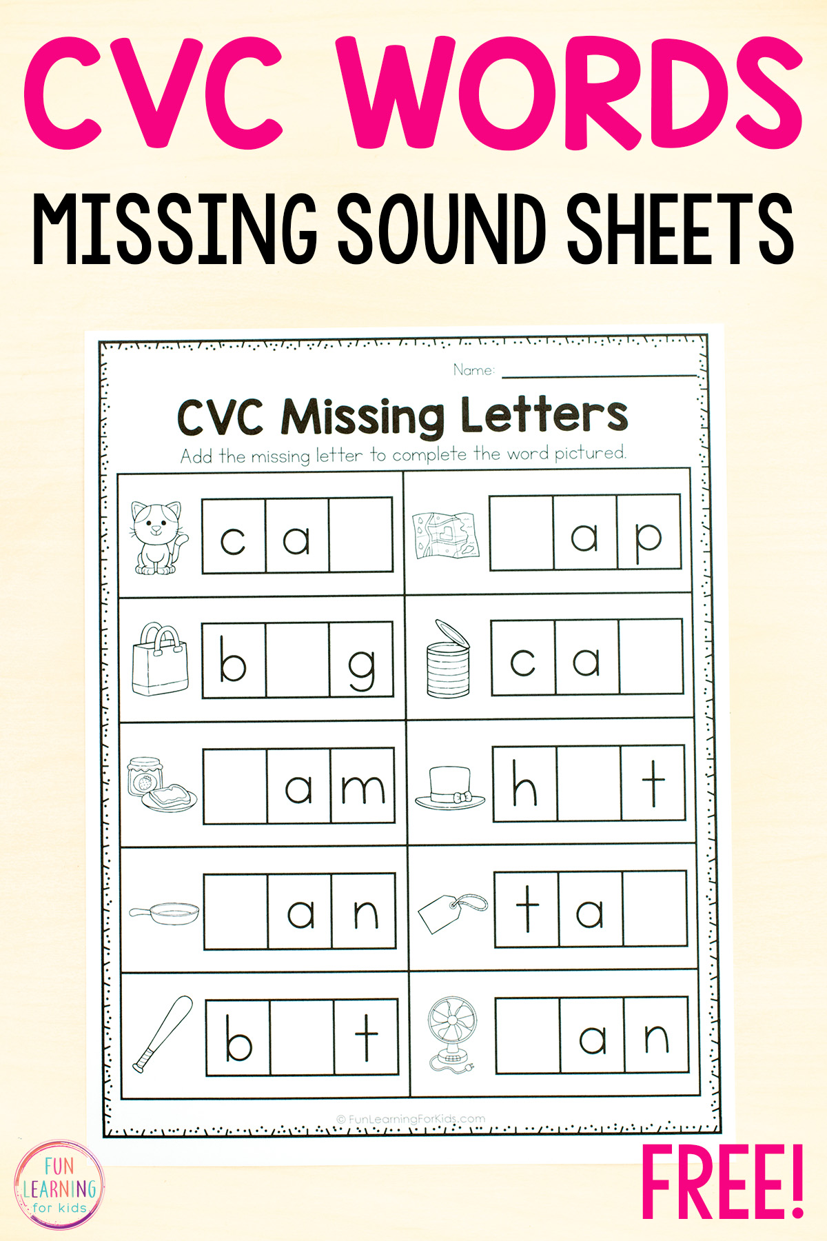 Cvc missing letter worksheets for phonics practice