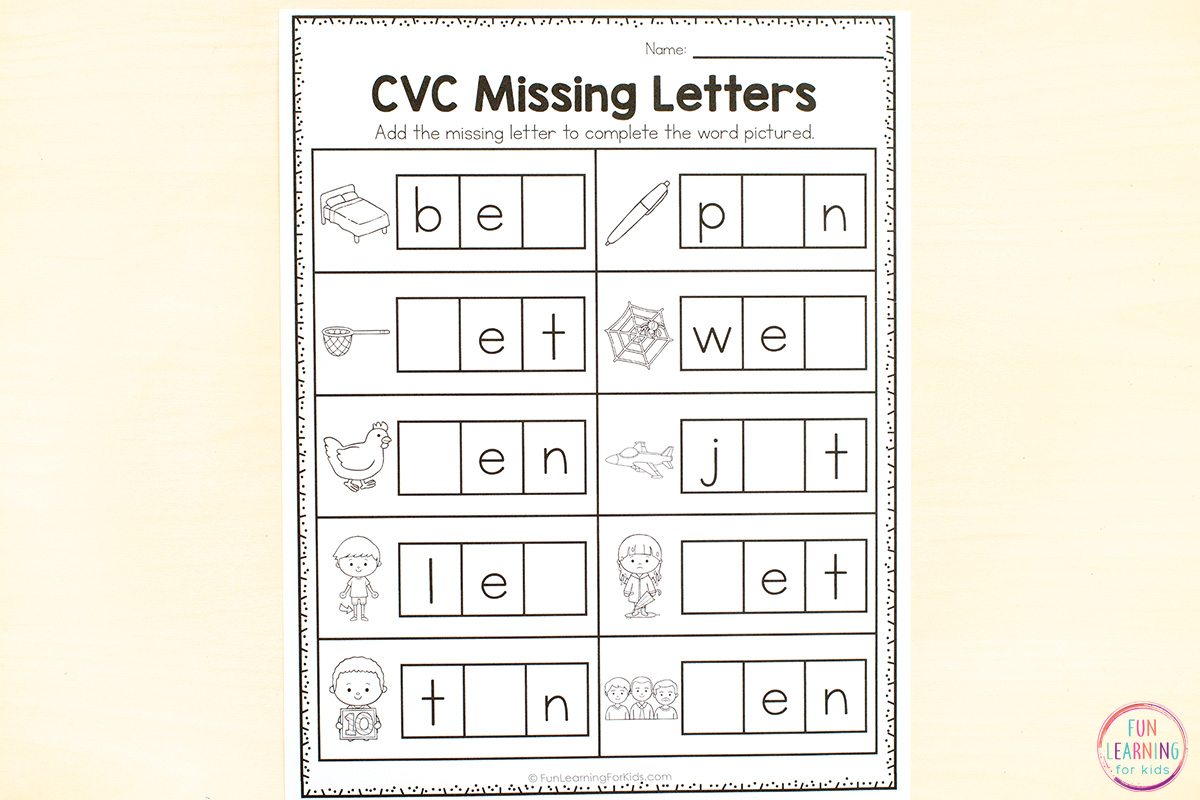 Cvc missing letter worksheets for phonics practice