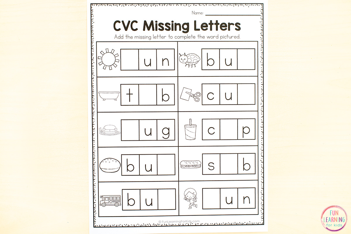 Cvc missing letter worksheets for phonics practice