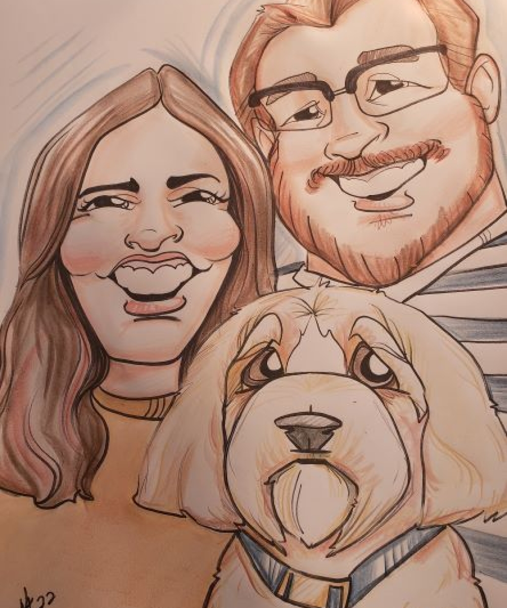 Color caricature of a couple and their dog