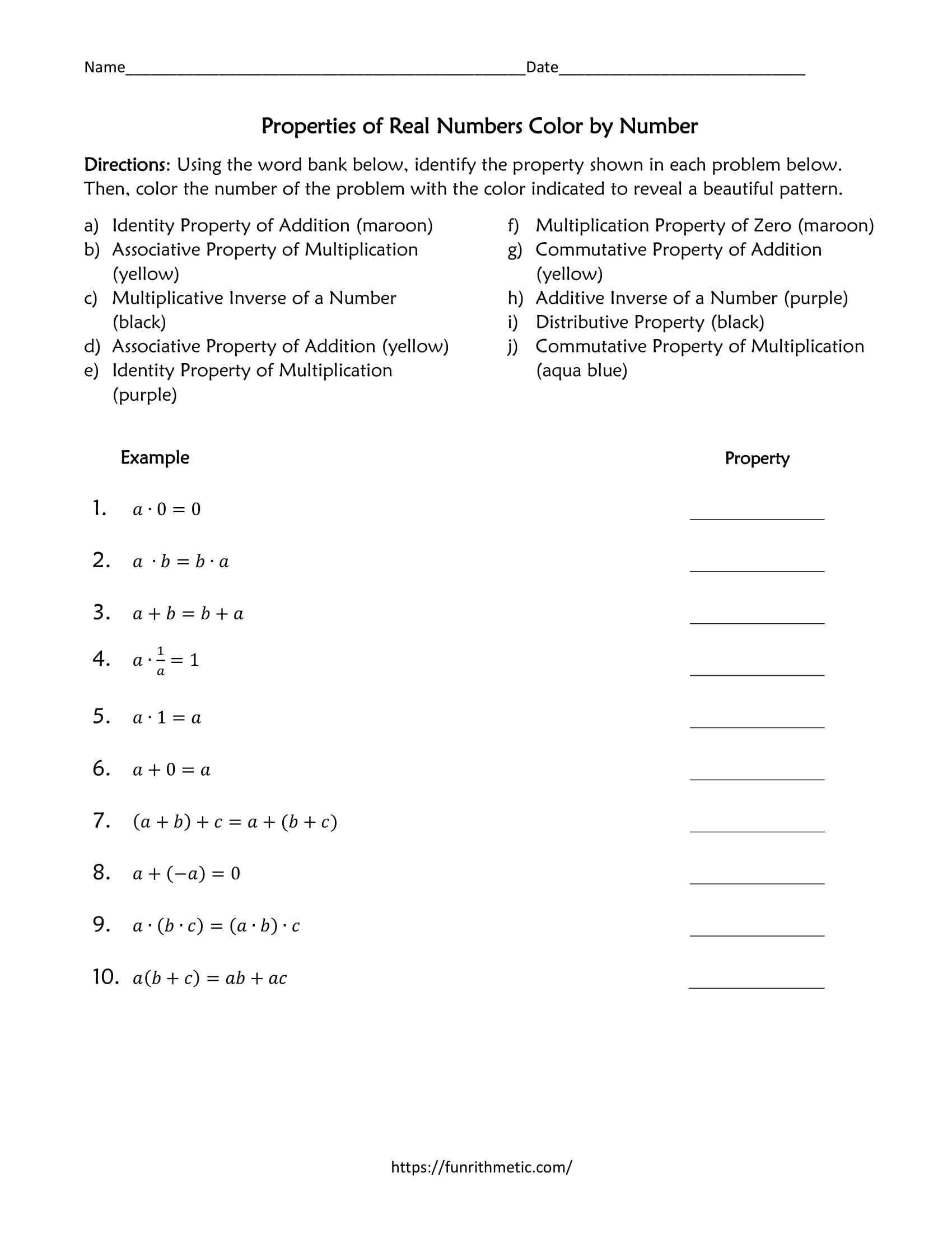 Properties of real numbers worksheet