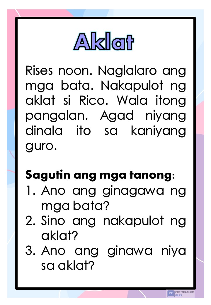 Filipino reading passages with comprehension questions set 1