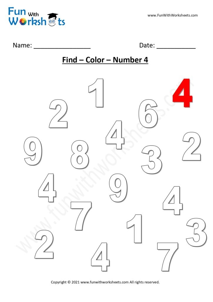 find color number four free printable worksheets
