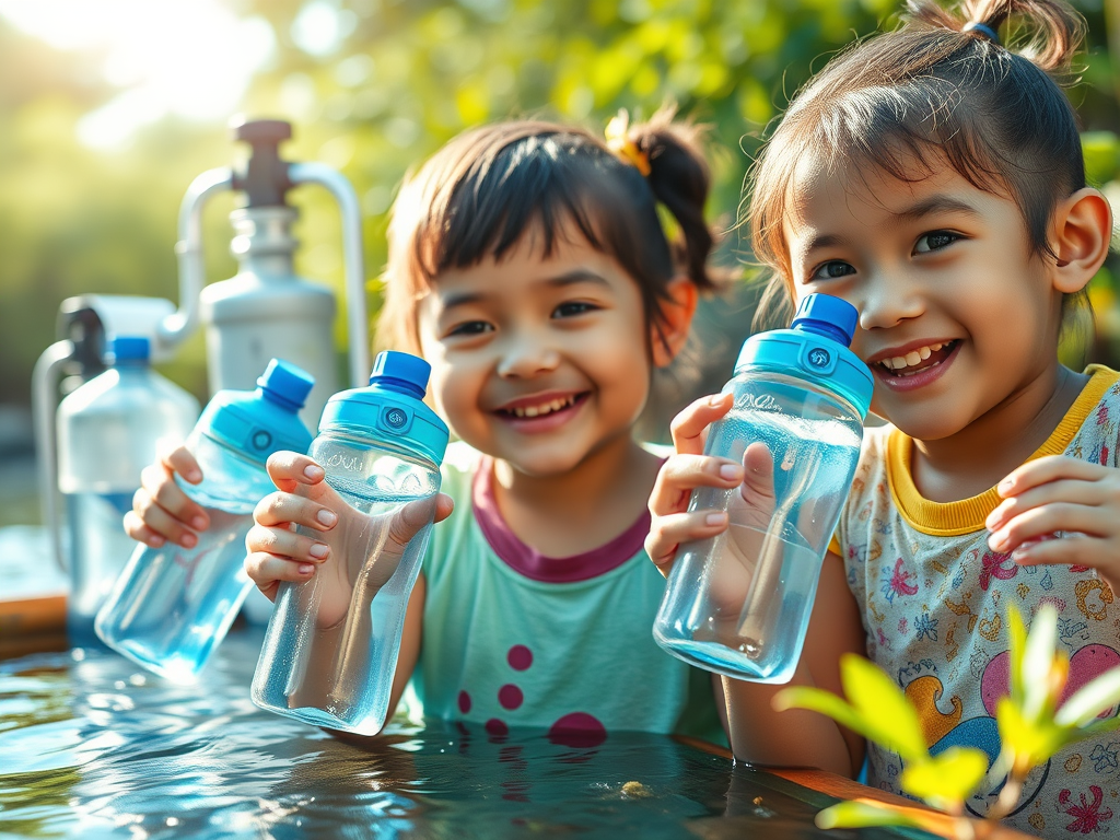 kids with reusable plastic bottles