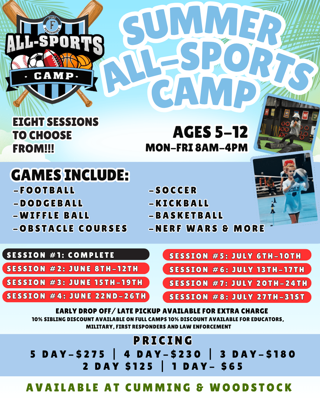 Poster advertising Summer All-Sports Camp for ages 5–12, with eight sessions and activities like football, soccer, dodgeball, and more.