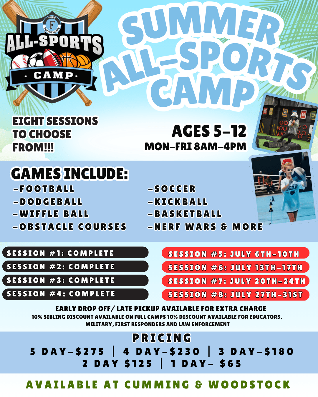 Bright poster for Summer All-Sports Camp with logo, ages 5–12, eight sessions, games list, and pricing info.