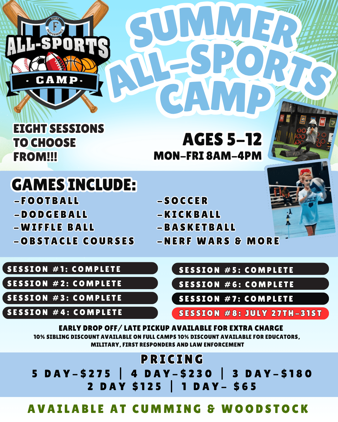Bright Summer All-Sports Camp poster with logo, large title, ages 5–12, eight sessions, games list, and photos on the side.