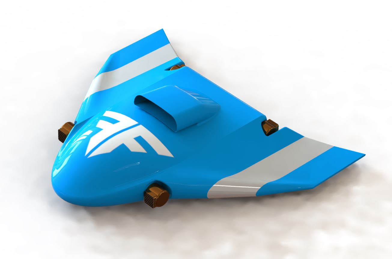 JetQuad jet-powered VTOL drone Blended Wing Body Long-Range Configuration.