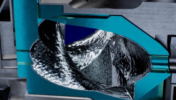 Helical Fusion liquid metal blanket rendering showing the moving-wall surface for heat extraction and extended plant lifetime, funded by Tokyo Metropolitan Government for the Helix stellarator program.