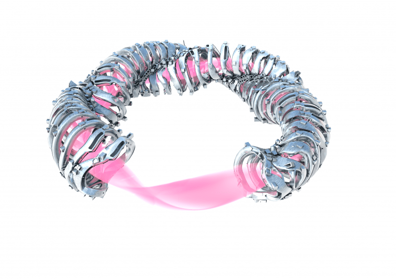Computer-generated illustration of a toroidal fusion device showing a pink plasma vessel enclosed within superconducting magnet coils arranged in a twisted doughnut configuration.