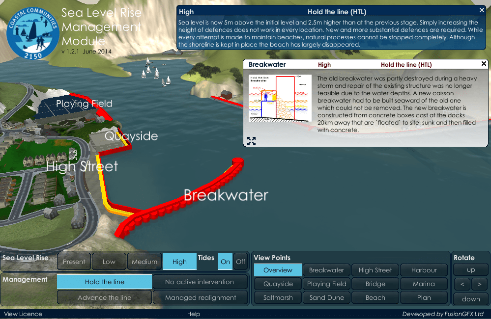 Screen shot showing interactive computer generated sea defence options at a harbour