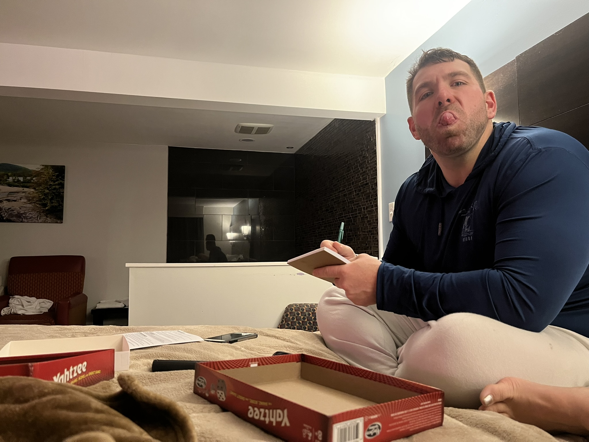 playing games in hotel room