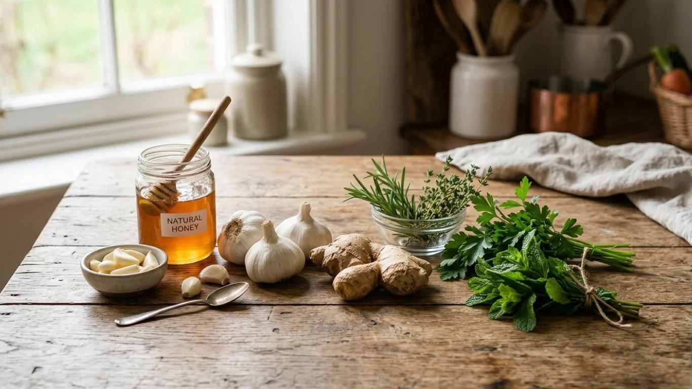 Honey,garlic,ginger and fresh herbs on wooden table