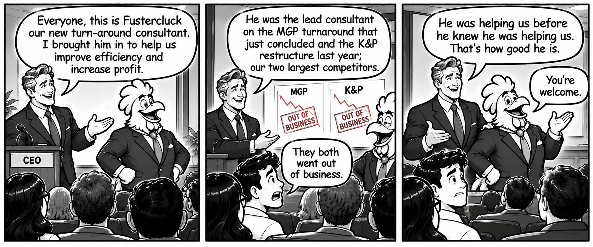 Introducing Fustercluck three-panel comic strip