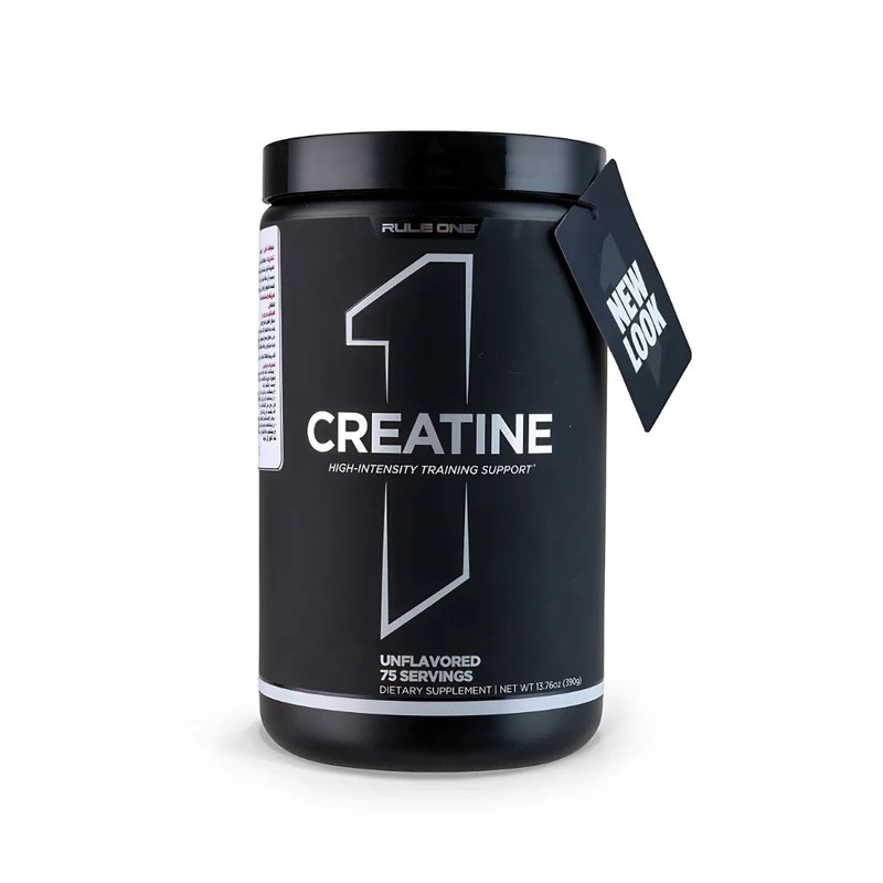 A black container of Rule 1 Creatine with 75 servings, unflavored, featuring a side tag labeled "NEW LOOK".