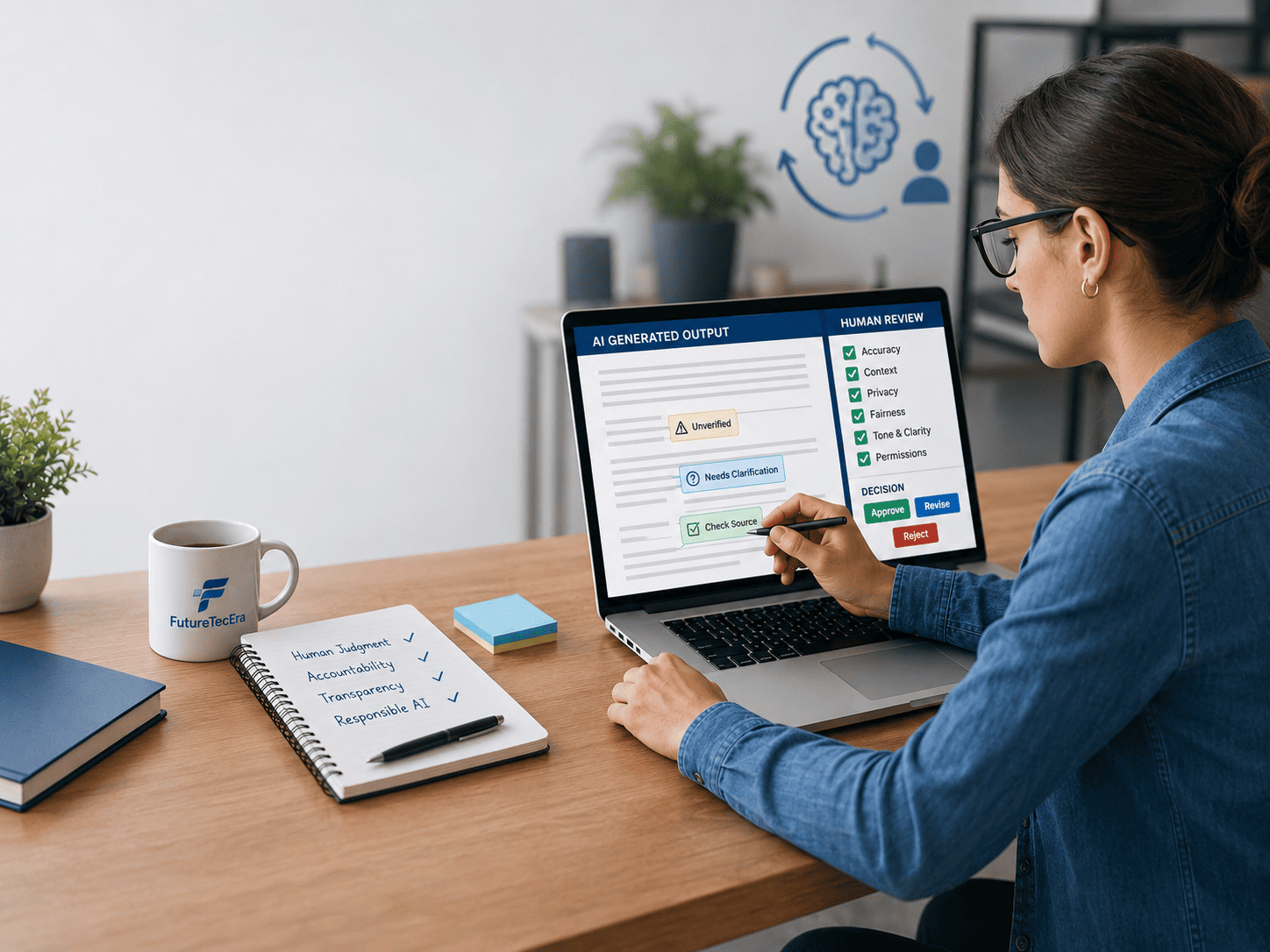 Female professional reviewing an AI workflow on a laptop in a modern office, illustrating human-in-the-loop AI for beginners