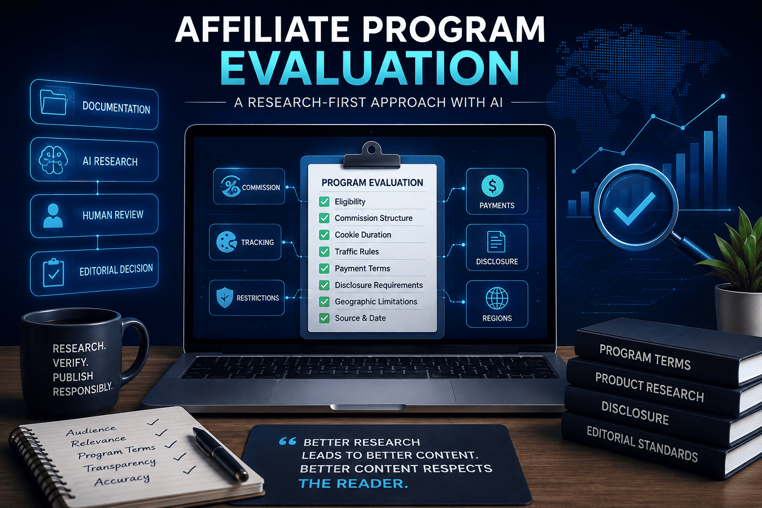 A digital workspace showing an affiliate program evaluation framework with AI research, program terms, tracking, commissions, restrictions, disclosure, and human editorial review.