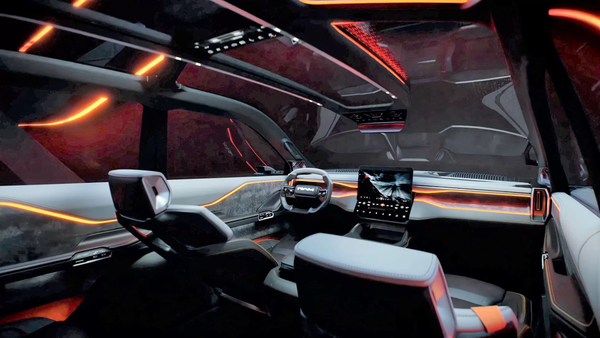 Ram 1500 Revolution BEV Concept pickup glass surroundings.