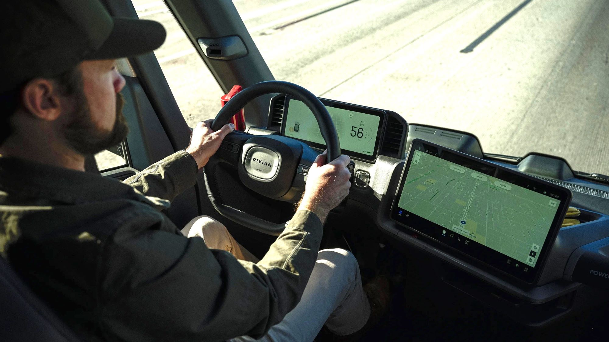 Rivian Commercial Van controls are easily accessible from the steering wheel.