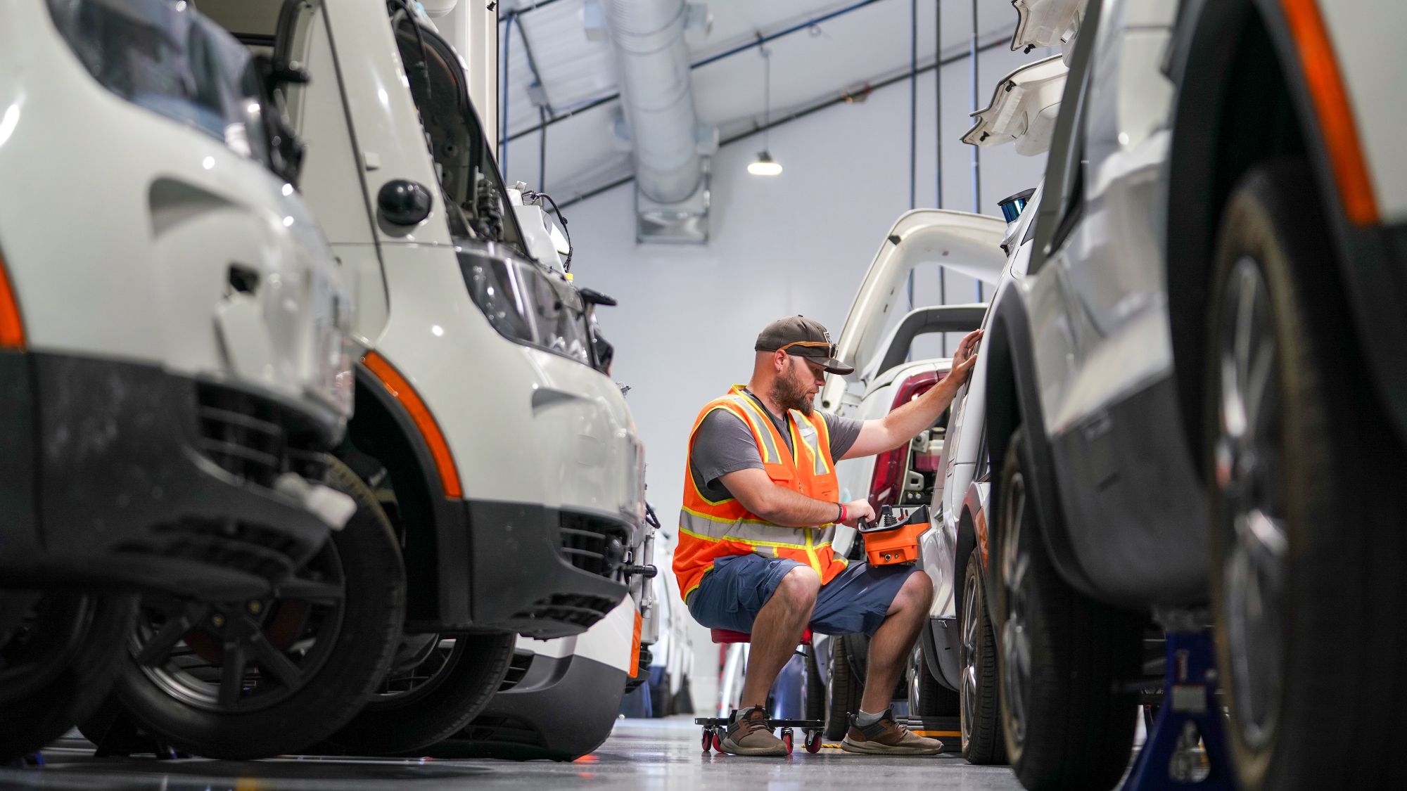 Nuro delivery bot safety check at its LVMS hangar.