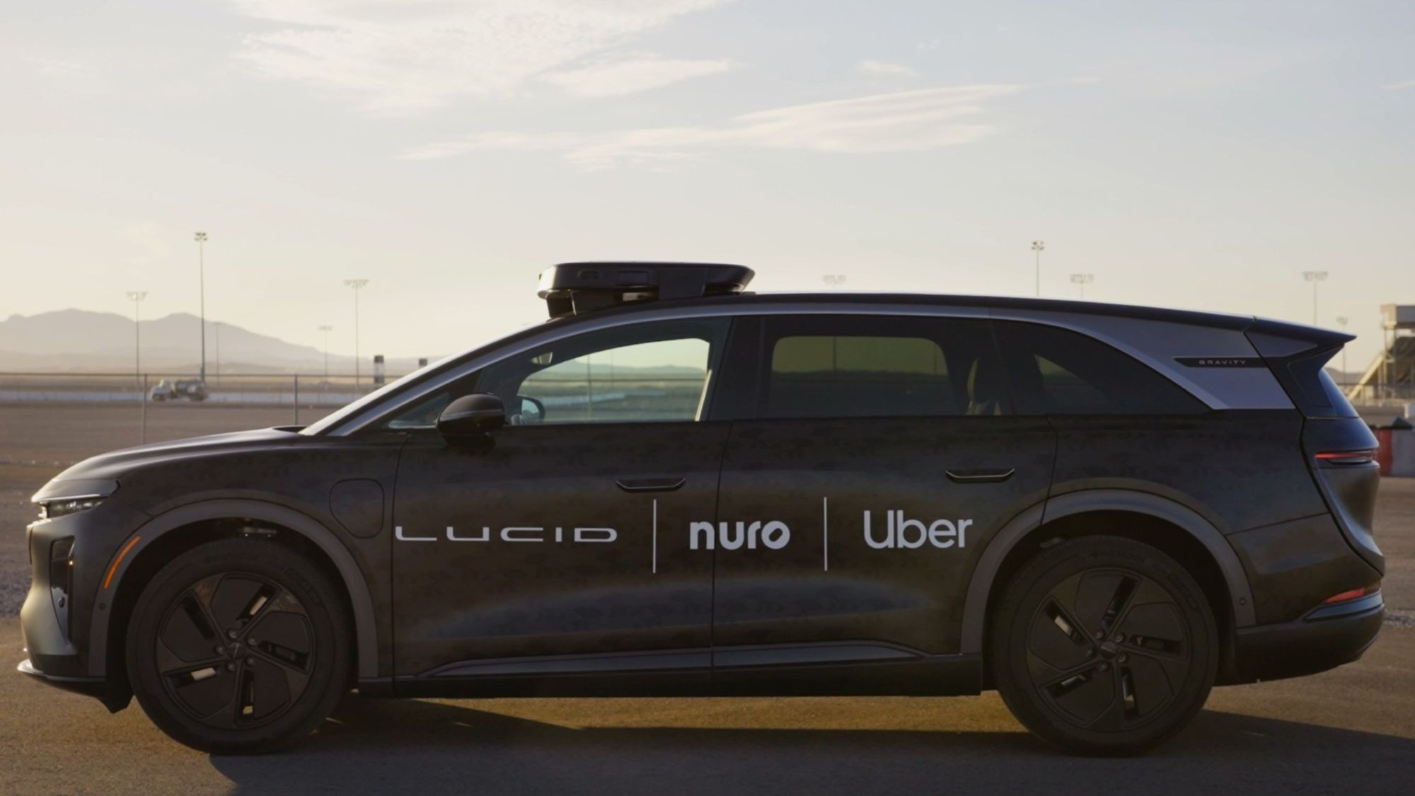 Uber's Lucid Gravity-based robotaxi at Nuro's LVMS facility.