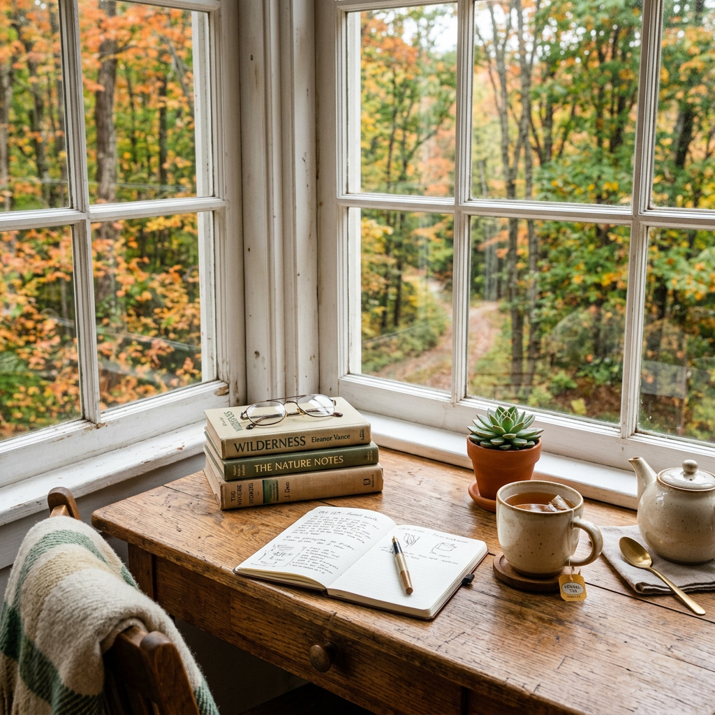 Wooden desk with books, open notebook, glasses, succulent, and tea cup by window showing autumn forest