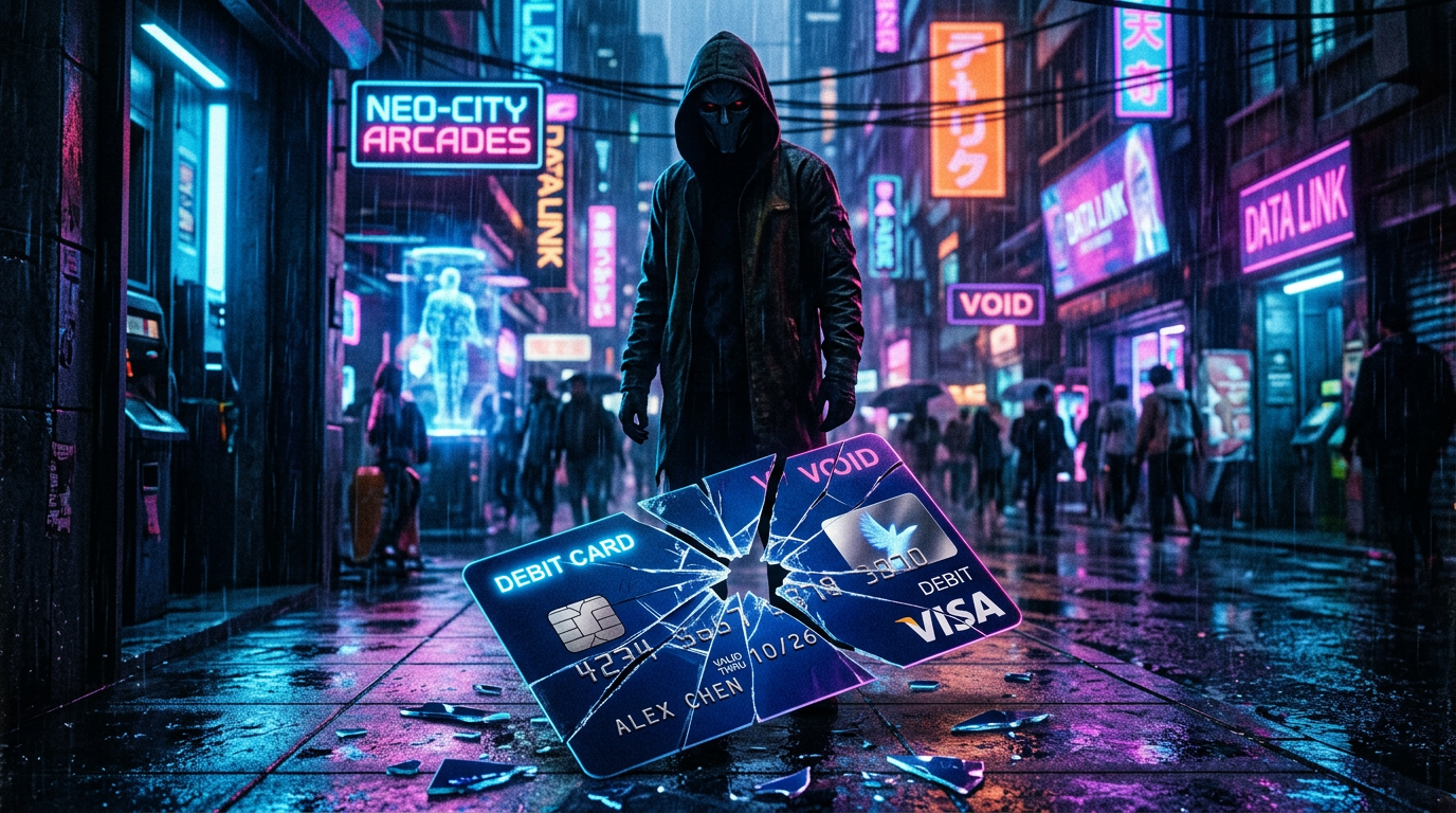 Hooded figure in dark clothes on neon-lit street with shattered debit card pieces