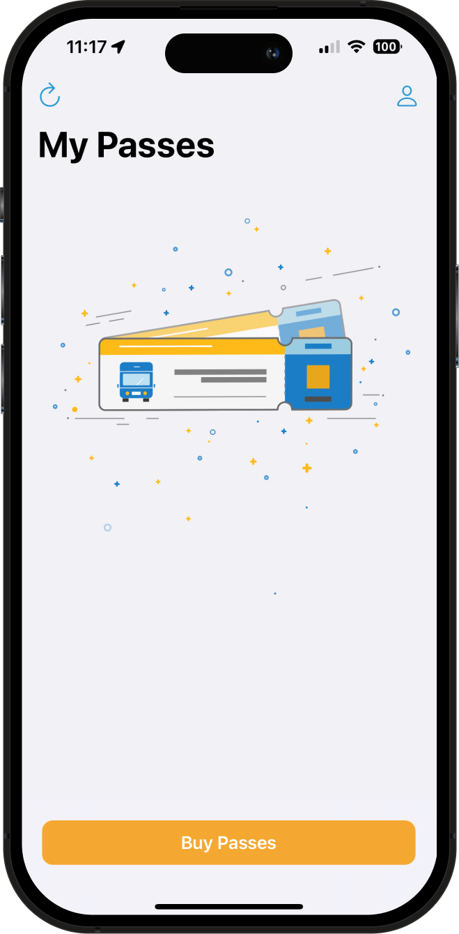 A phone screen showing the Token Transit app with the "Buy Passes" button at the bottom of the screen