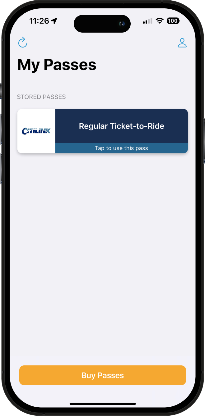 A phone screen showing a Citilink bus pass on the "My Passes" screen of the Token Transit app