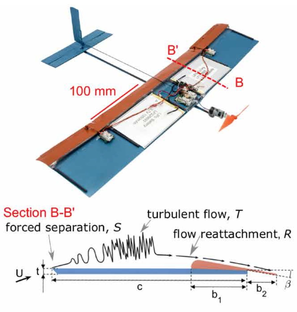 Diagram of new micro air vehicle wing design, showing the full device as well as a cross-section with flow separation and reattachment.