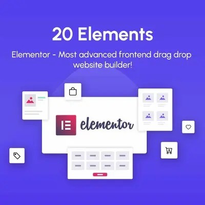 ```json { "alt": "Illustration promoting Elementor with 20 elements and drag-drop feature.", "title": "Elementor - Advanced Frontend Drag-Drop Website Builder" } ```