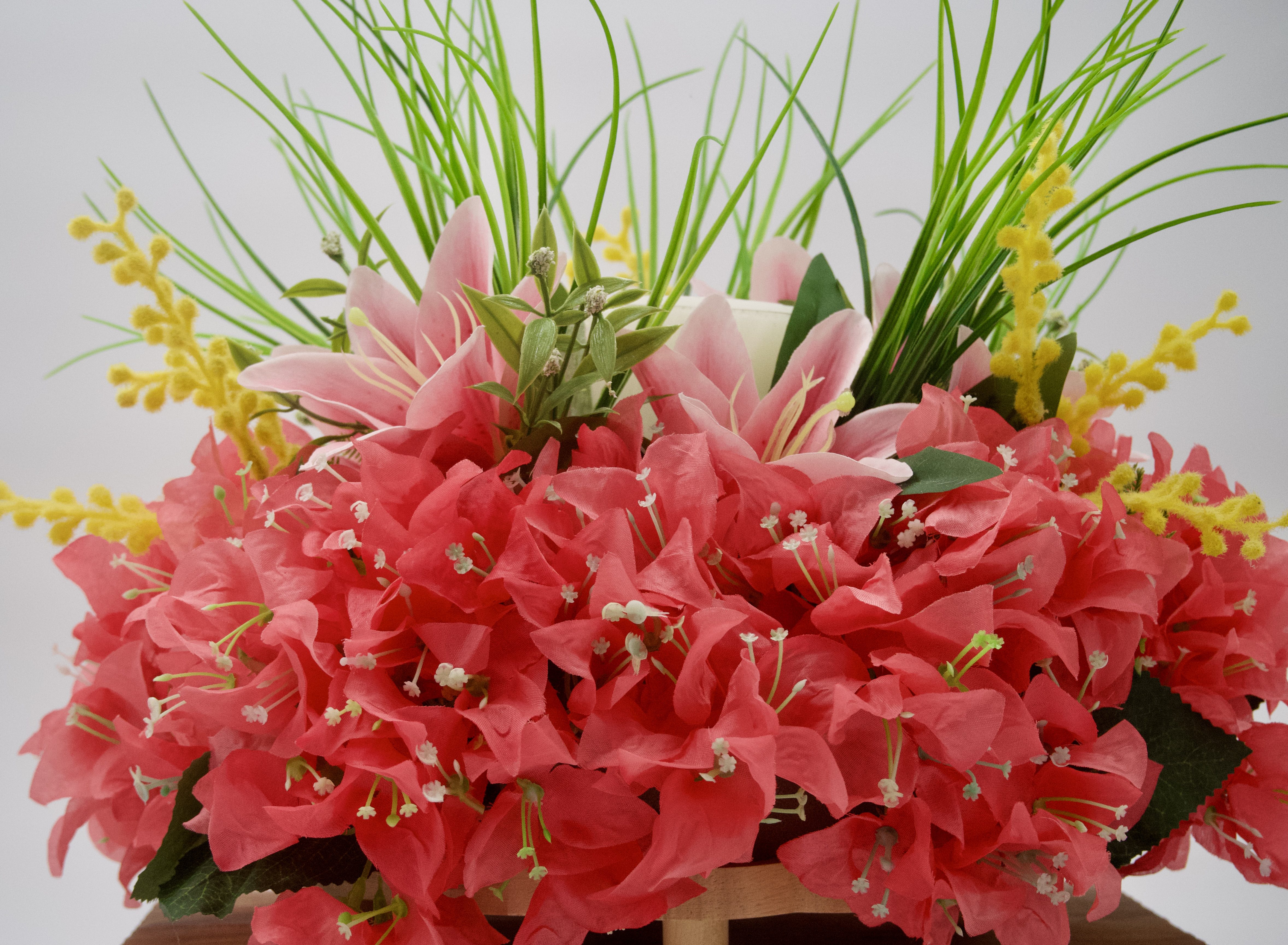 Bright Silk Lily and Coral Bougainvillea Candle Ring Centerpiece