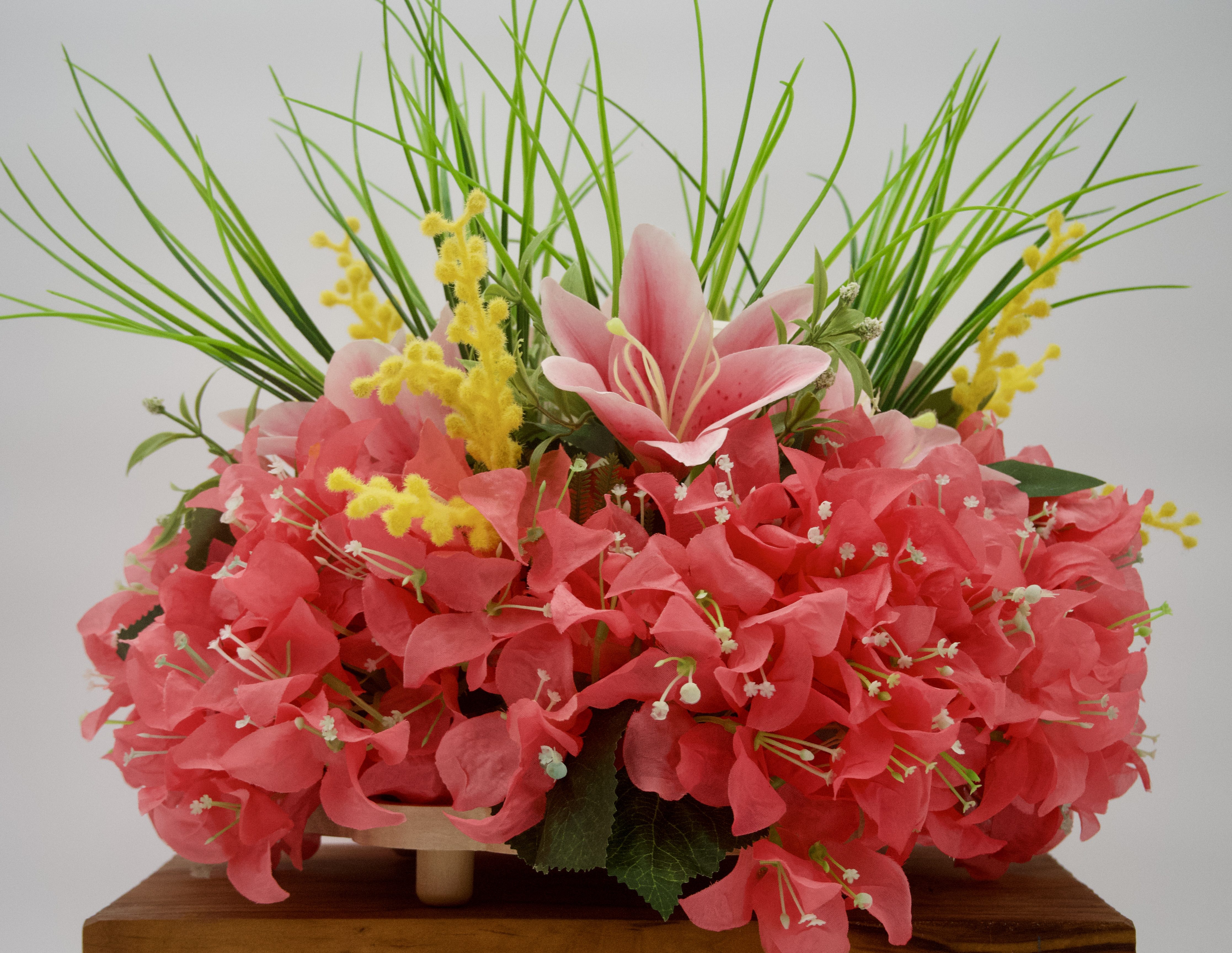 Bright Silk Lily and Coral Bougainvillea Candle Ring Centerpiece
