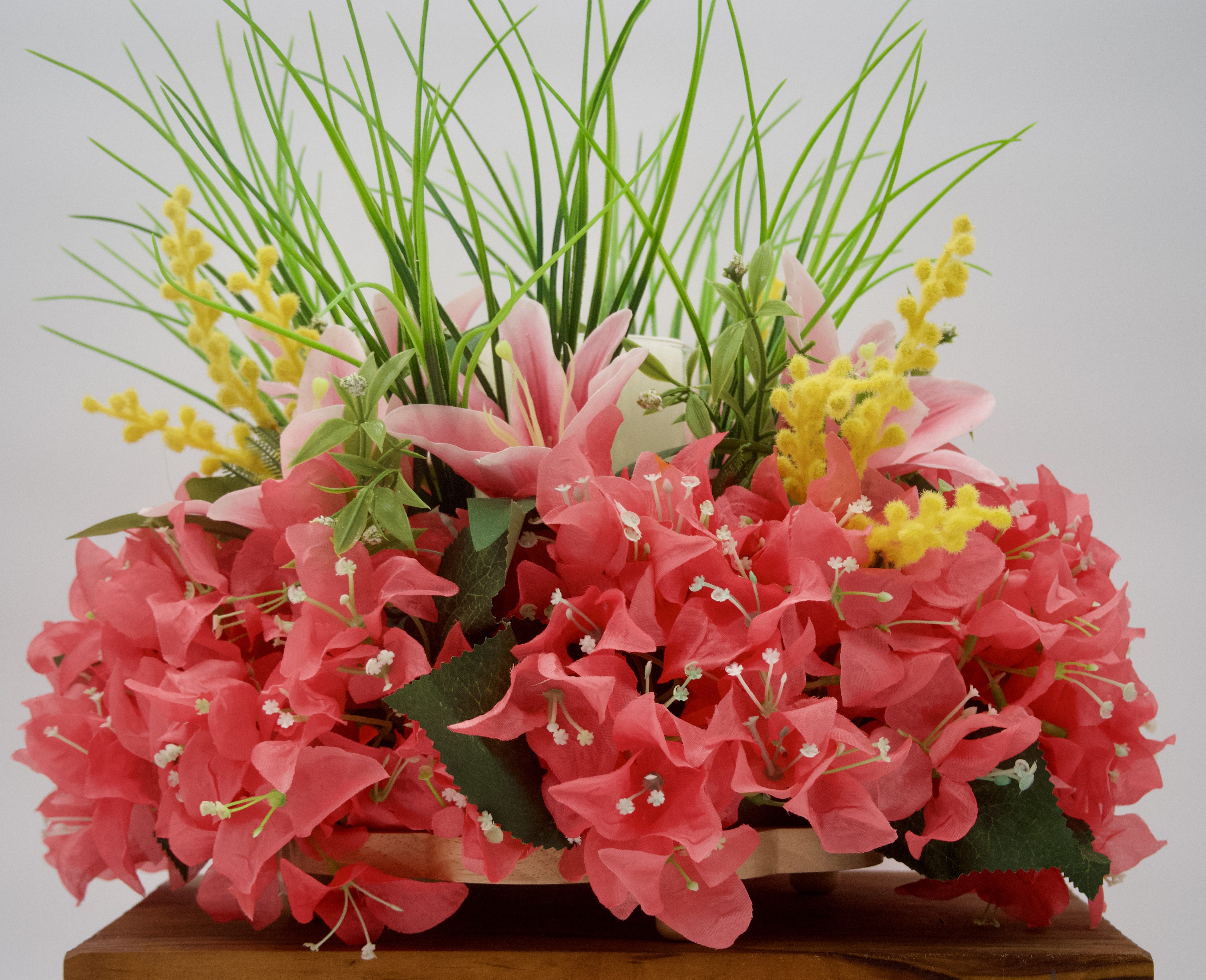 Bright Silk Lily and Coral Bougainvillea Candle Ring Centerpiece