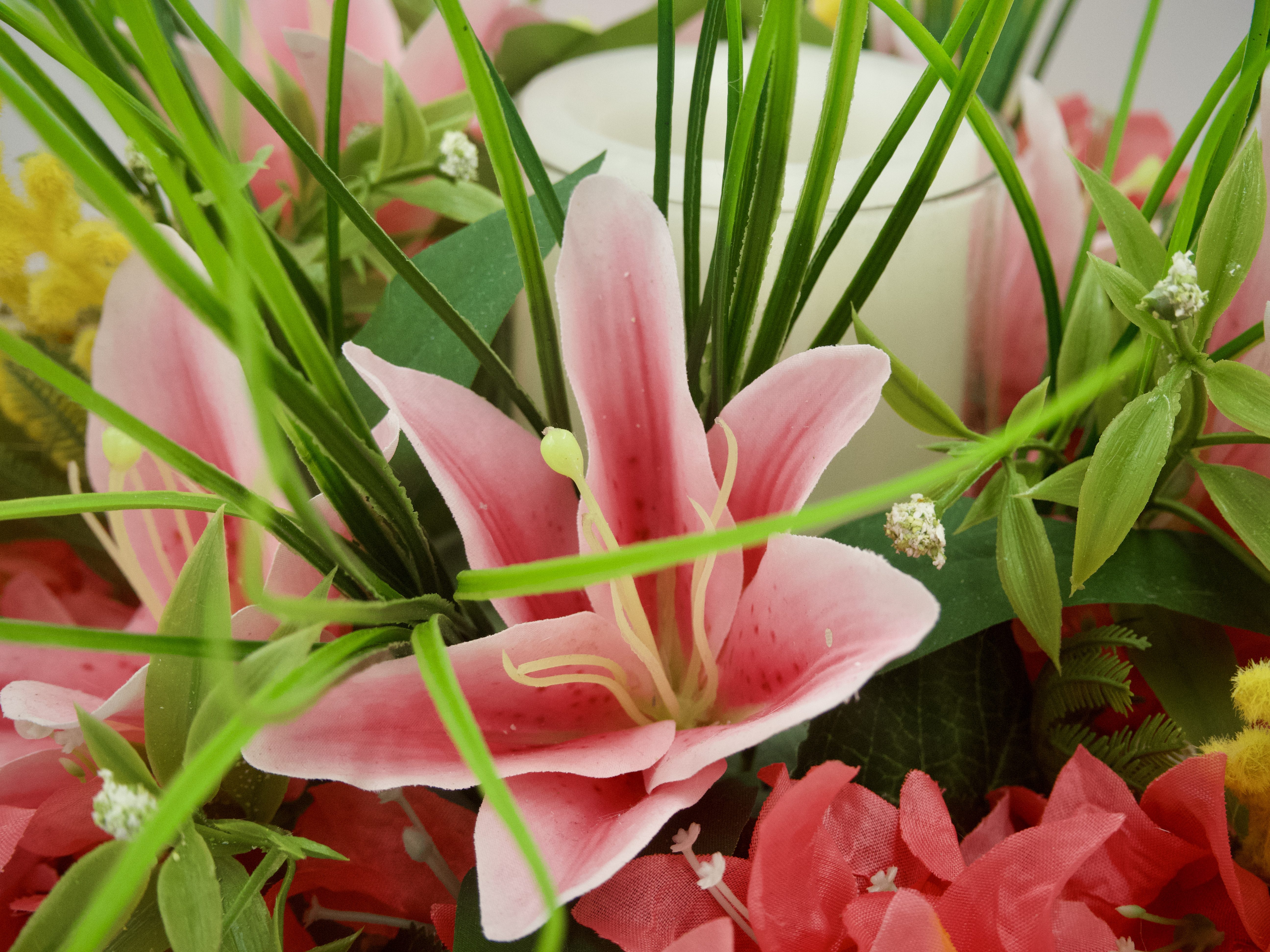 Bright Silk Lily and Coral Bougainvillea Candle Ring Centerpiece