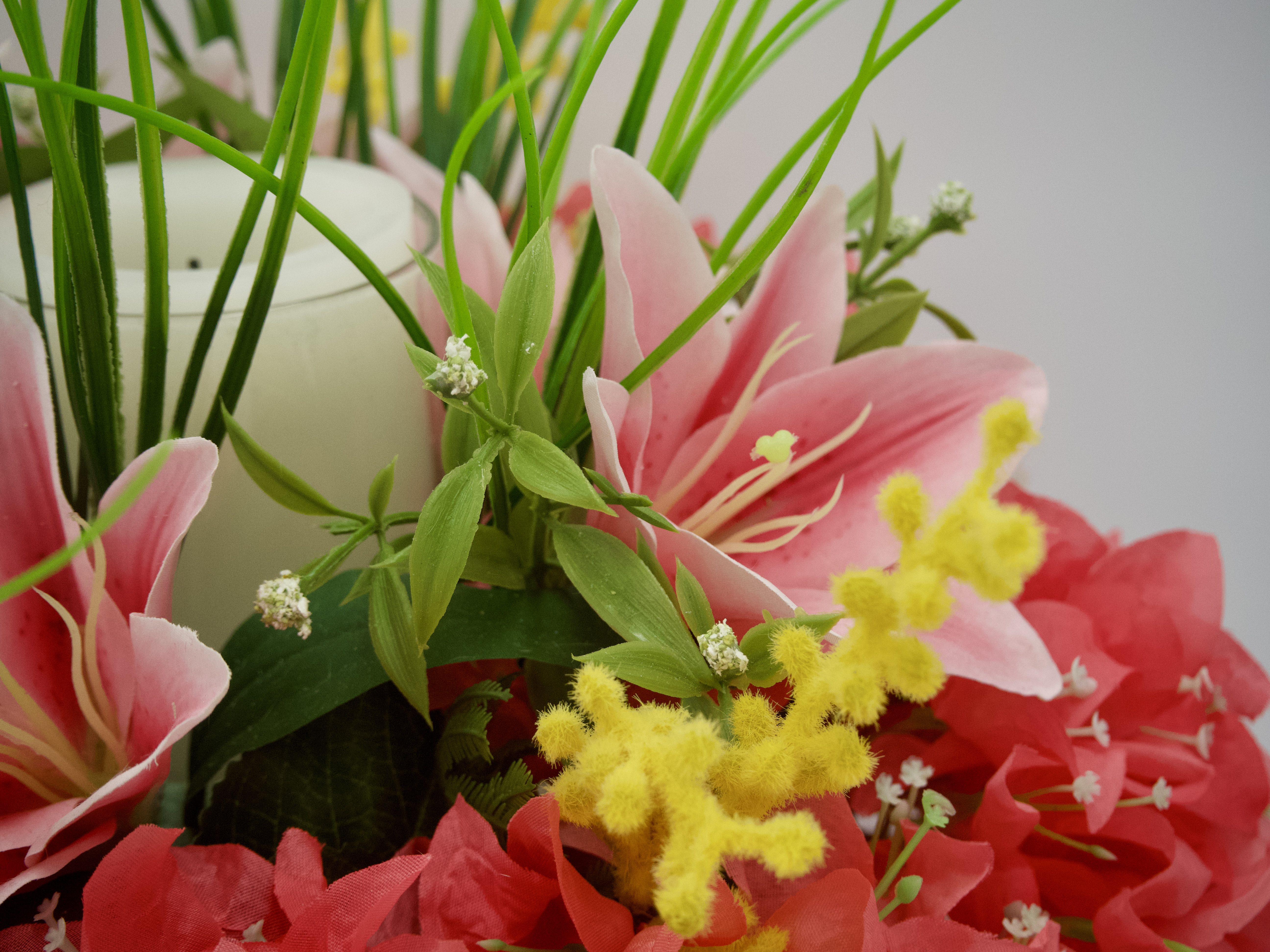 Bright Silk Lily and Coral Bougainvillea Candle Ring Centerpiece
