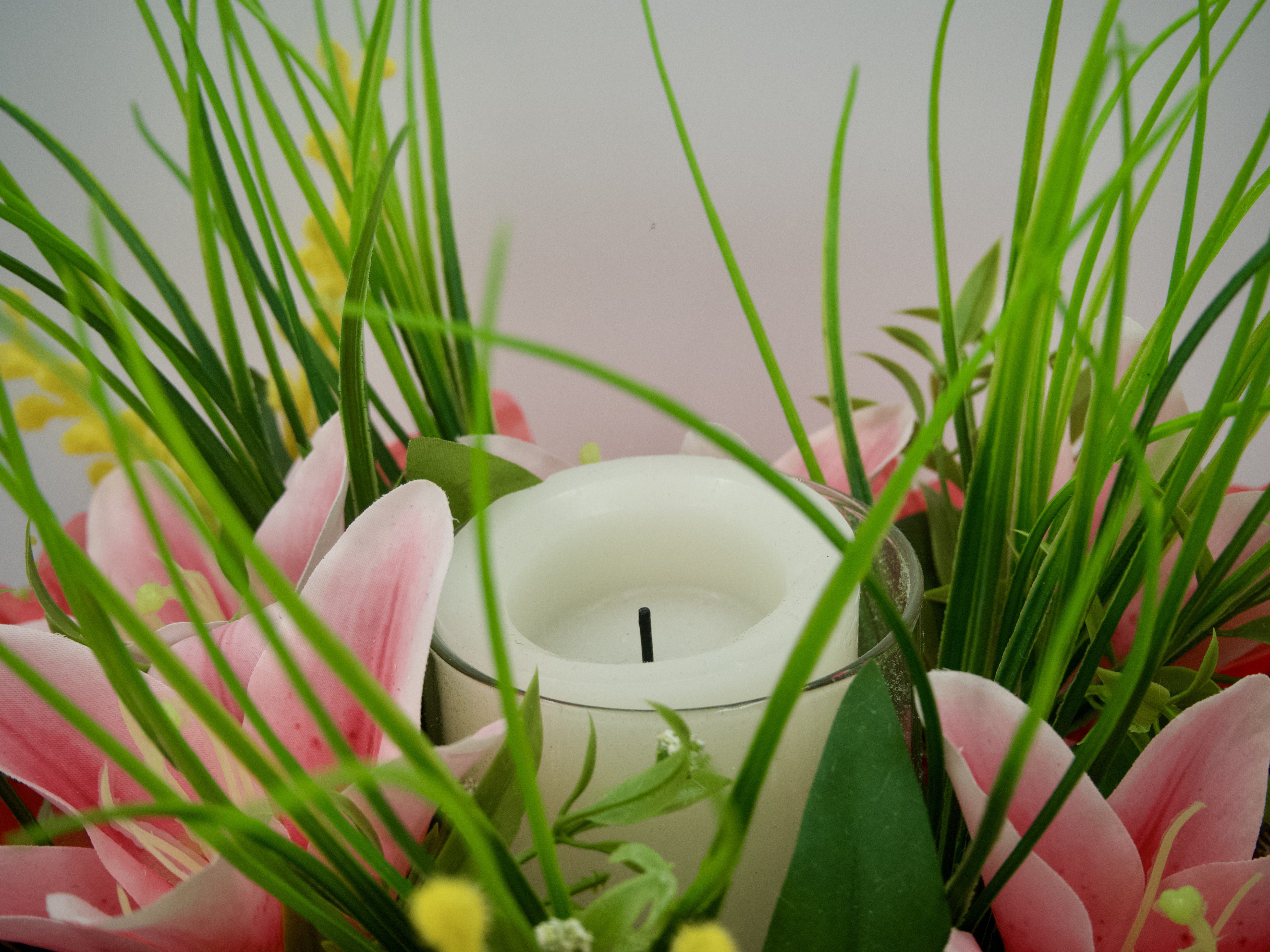Bright Silk Lily and Coral Bougainvillea Candle Ring Centerpiece