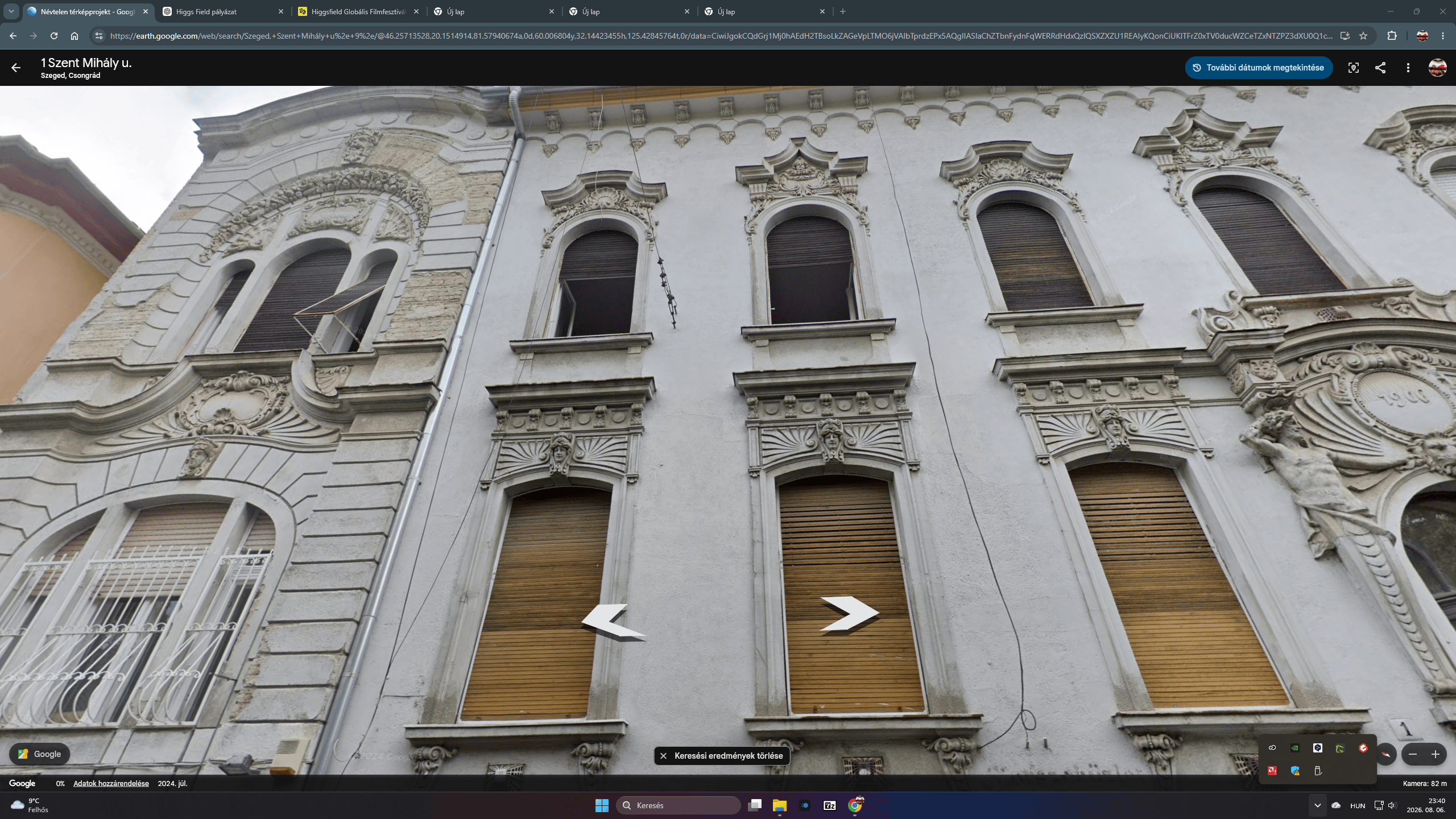 Google Maps street view of an ornate building in Szeged with navigation arrows