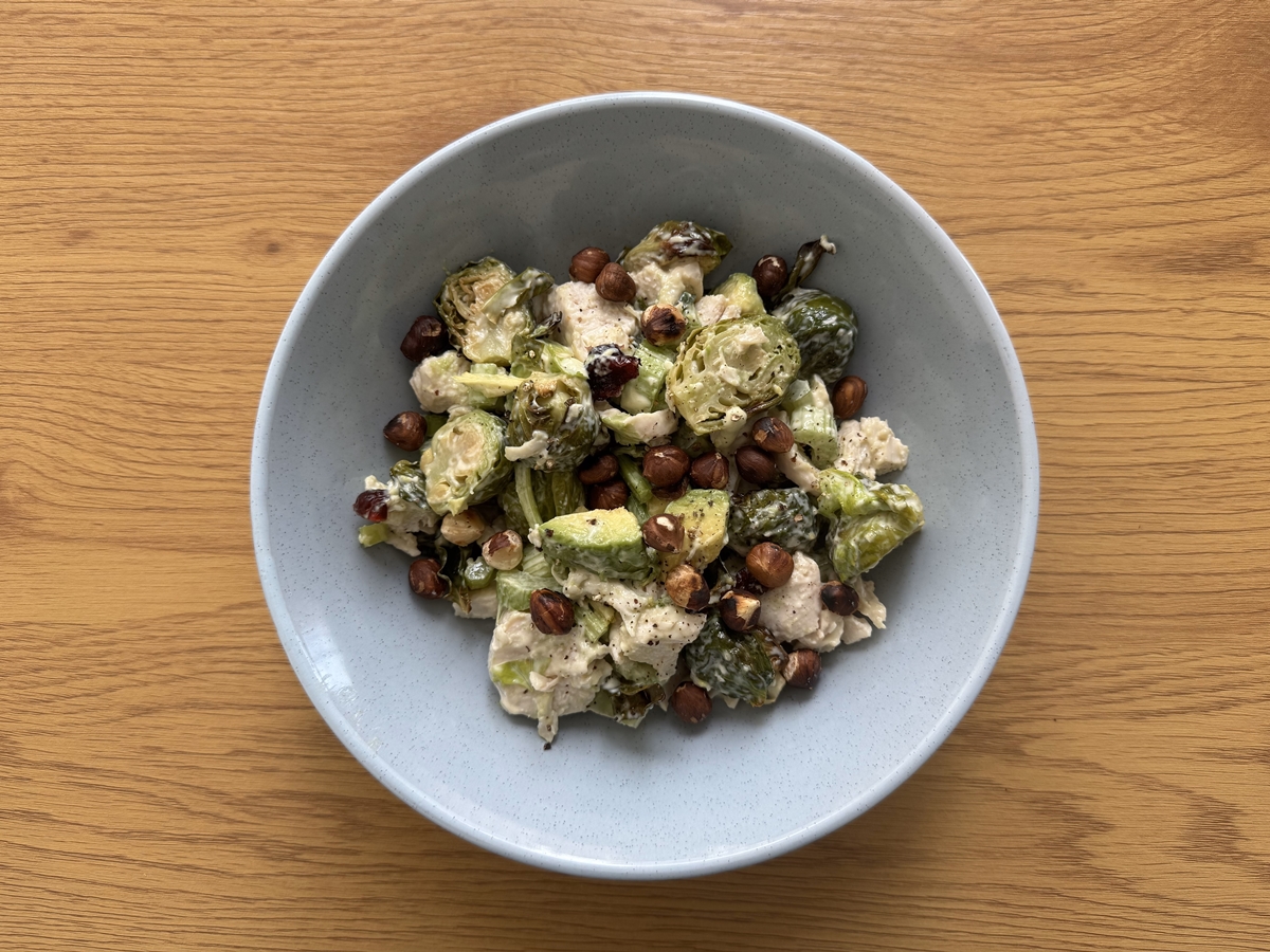 Chicken salad with Brussel sprouts and avocado