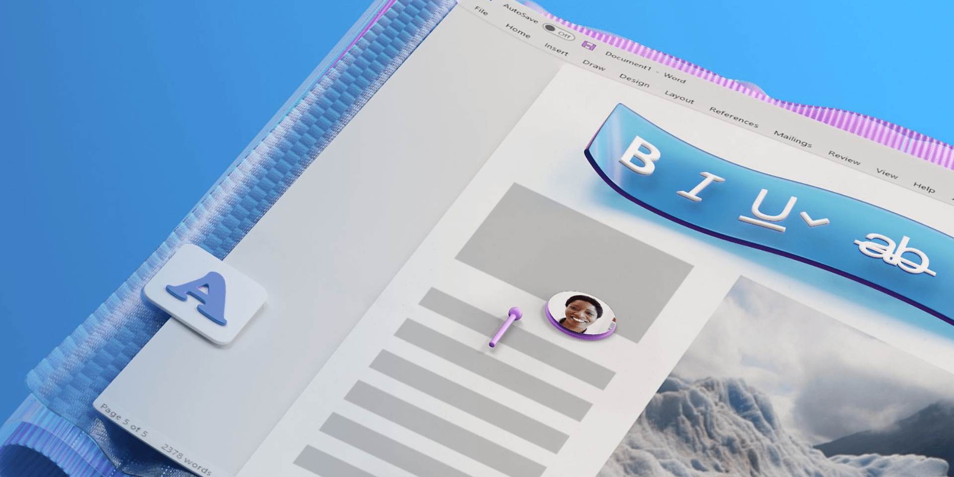 The image appears to be an illustration related to Microsoft Word, created by Microsoft. It features a light-themed page with gray lines suggesting text content and icons representing different functions. On the left side, there’s an ‘A’ icon, possibly for text editing. The circular icon in the center resembles a coffee cup. At the top, a navigation bar displays ‘B i U’ underlined, indicating text formatting options for bold, italic, and underline. The background is blue with a slight gradient effect, and there’s an image of mountains in the bottom right corner.