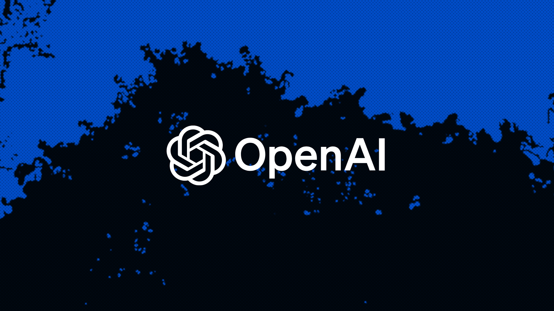 The image features the OpenAI logo. It is centered on a dark blue background with a textured pattern resembling digital or abstract camouflage. The logo itself consists of a white. This image is relevant as it represents the OpenAI organization, known for its advancements and research in artificial intelligence.