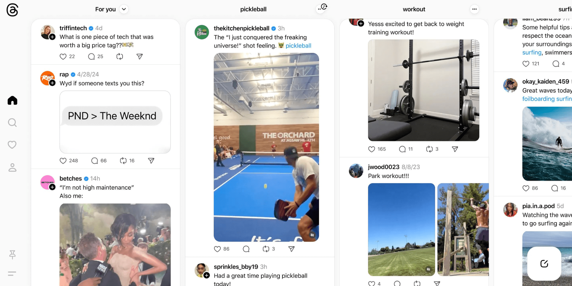 The user interface displays a layout similar to TweetDeck, but it belongs to the Threads social media platform by Instagram (owned by Meta). Multiple columns are pinned on the screen, representing different content streams from Threads. This design allows users to efficiently manage and engage with various feeds simultaneously, akin to TweetDeck’s functionality.