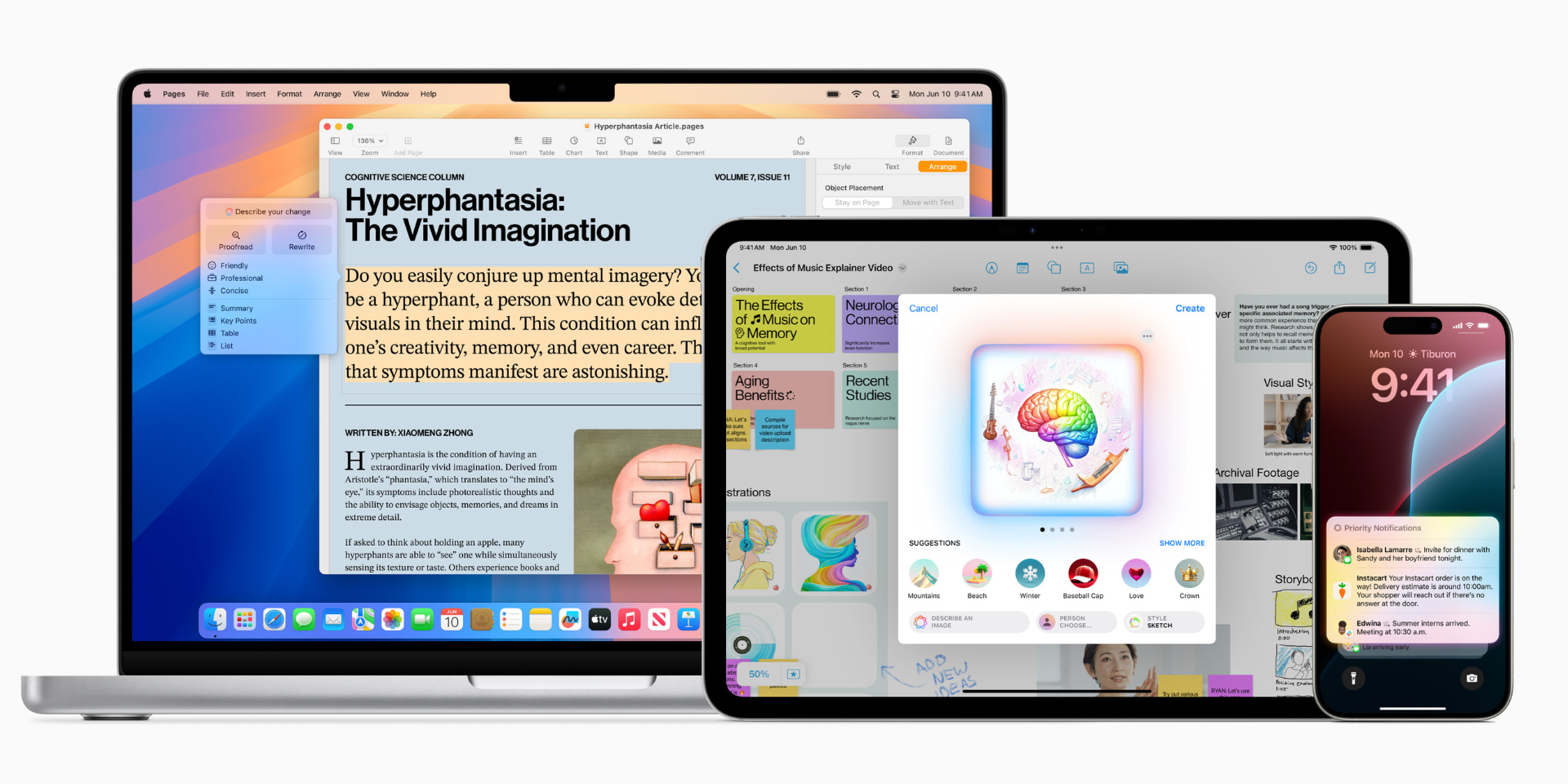 MacBook Pro, iPad Pro, and iPhone 15 Pro show new Apple Intelligence features.